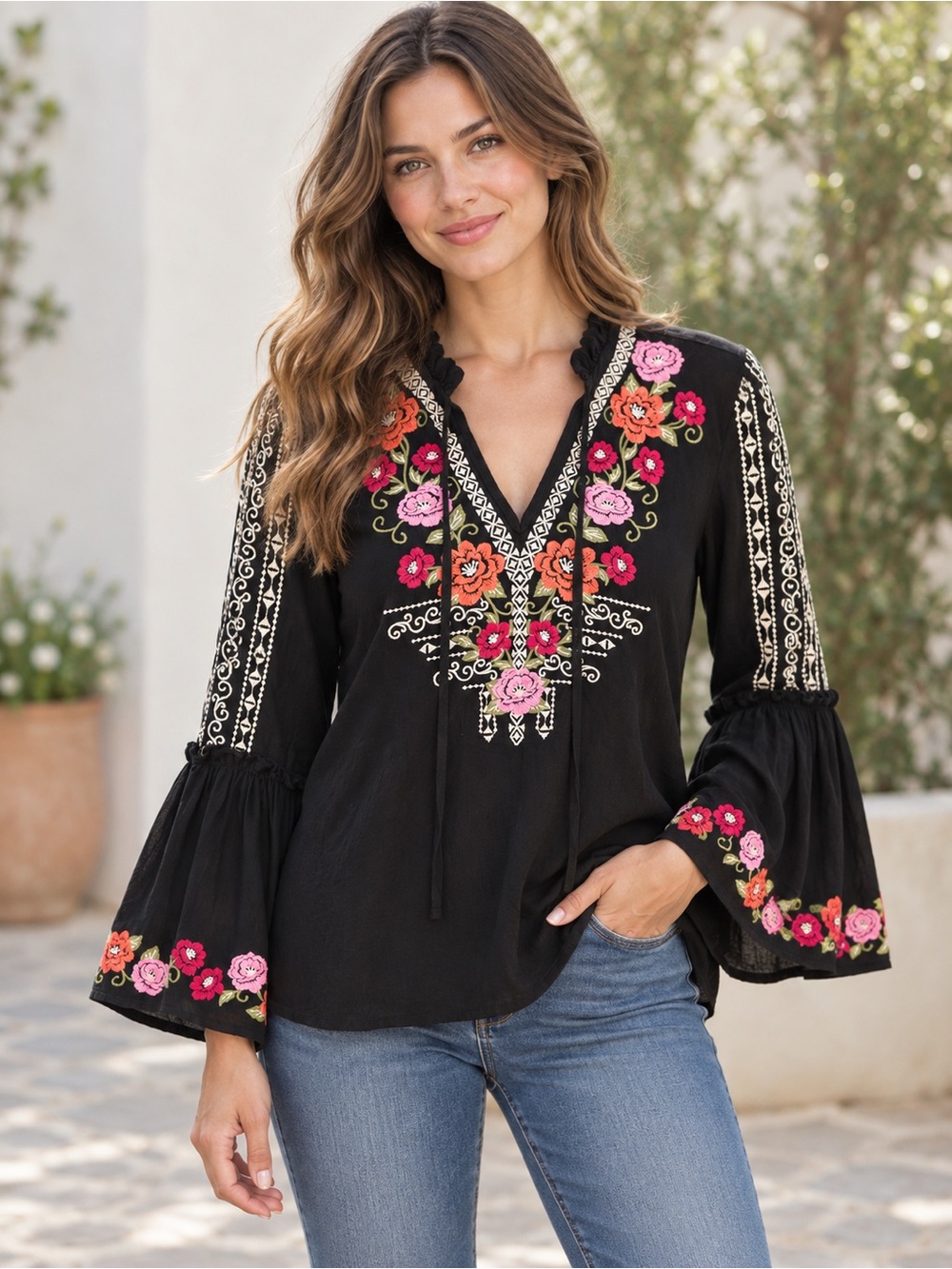 Savanna Jane Black Embroidered V-Neck Bell Sleeve Blouse